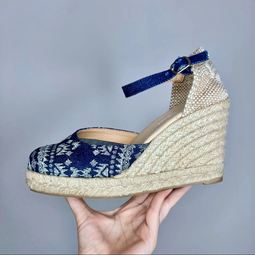 DESIGUAL 'Sabado'‎ Printed Denim Espadrille Wedges. Size 9